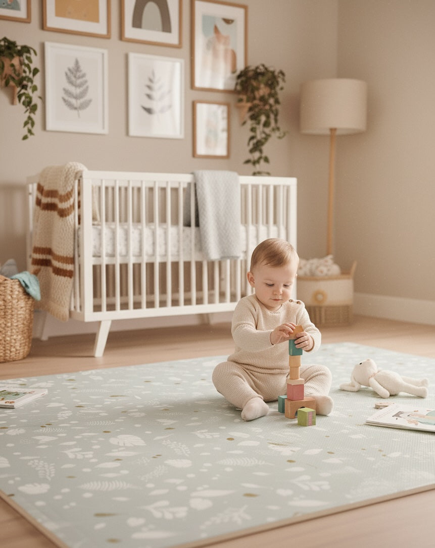 Baby playing with toys on a rug in a nursery
