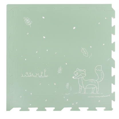 Fairytale Forest Mint Green Playmat. The tile features a scenic forest design with leaves, flowers and a fox; creating a whimsical and inviting atmosphere for playtime.