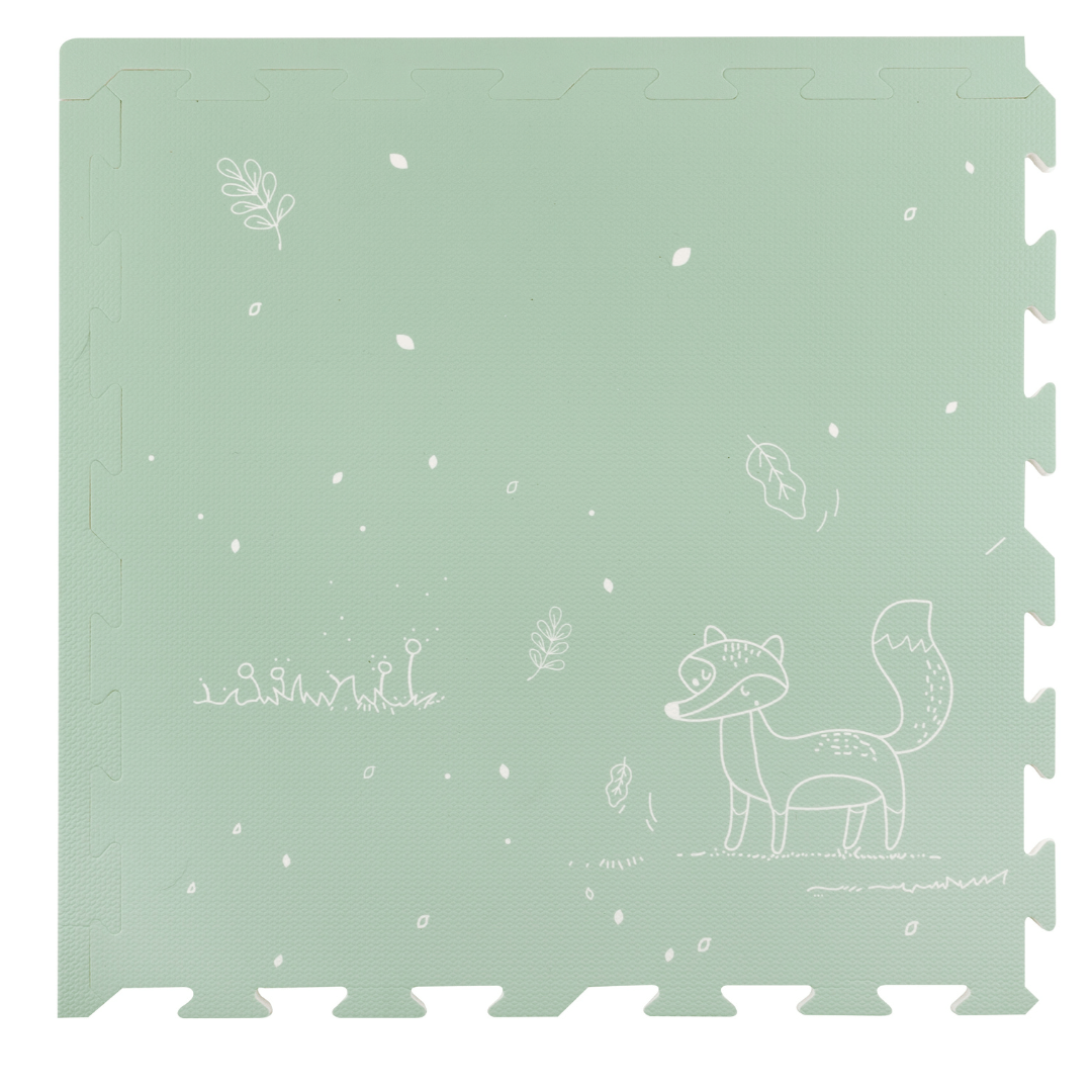 Fairytale Forest Mint Green Playmat. The tile features a scenic forest design with leaves, flowers and a fox; creating a whimsical and inviting atmosphere for playtime.