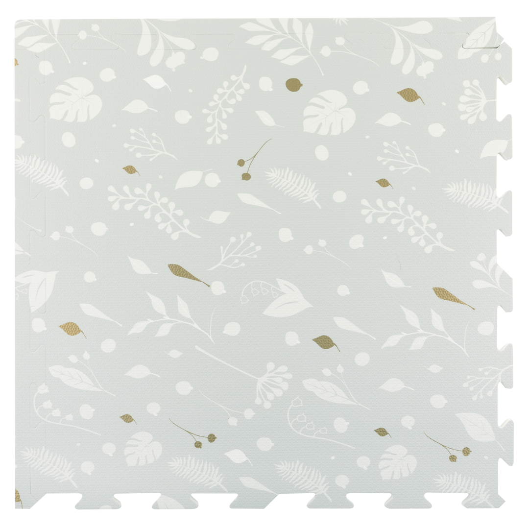 Metallice Garden - Grey playmat single tile. Features a charming design of white leaves on a stylish grey background with pops of metallic gold.