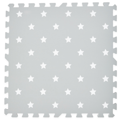 a single tile of the Grey with white stars play mat, a sleek and modern design of a neutral grey background adorned with charming white stars.