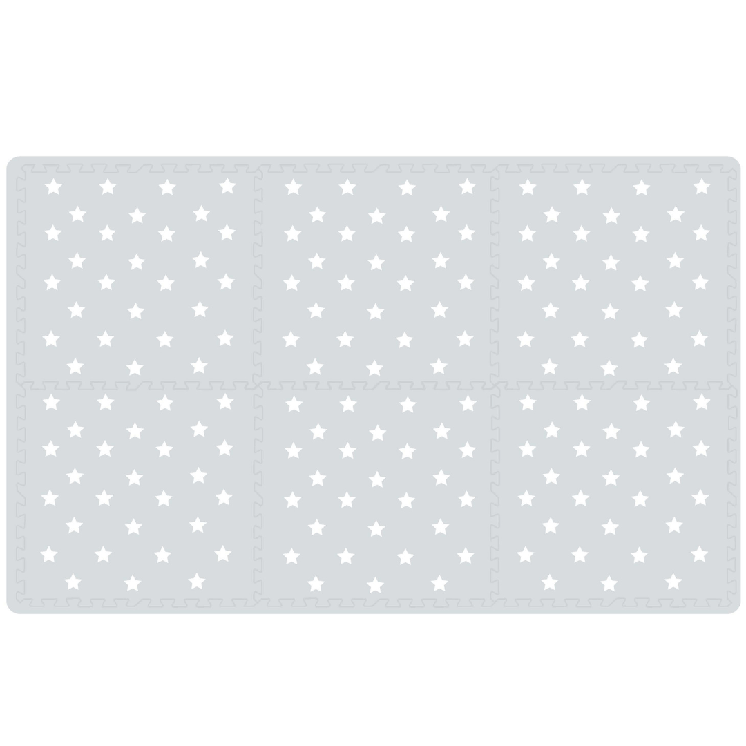 Grey with white stars play mat connected tiles. Featuring a sleek and modern design of a neutral grey background adorned with charming white stars. The subtle yet elegant design of this play mat is perfect for creating a cozy and inviting play space for your child.