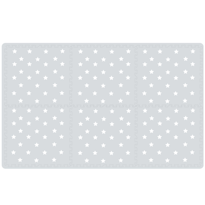 Grey with white stars play mat connected tiles. Featuring a sleek and modern design of a neutral grey background adorned with charming white stars. The subtle yet elegant design of this play mat is perfect for creating a cozy and inviting play space for your child.