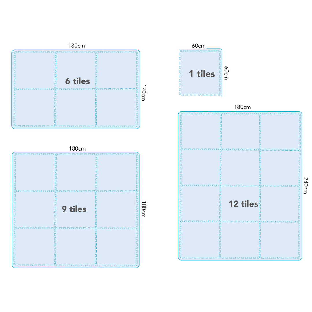 Image showing the various size options for a Maxie and Moo playmat and corresponding dimensions.