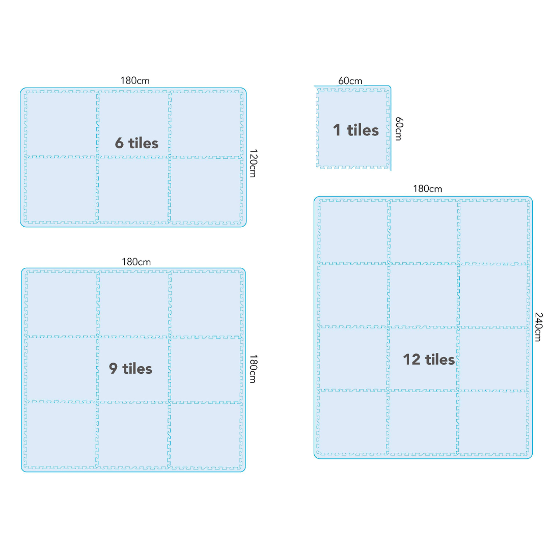  Image showing the various size options for a Maxie and Moo playmat and corresponding dimensions.